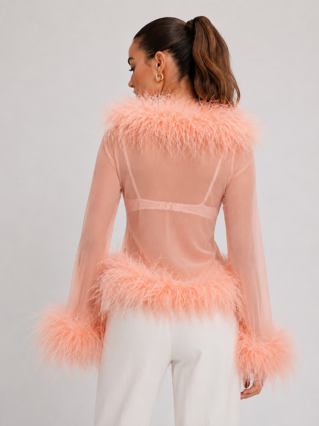 Rosalie Sheer Ostrich Feather Blouse - Blush rose Shop Byxie