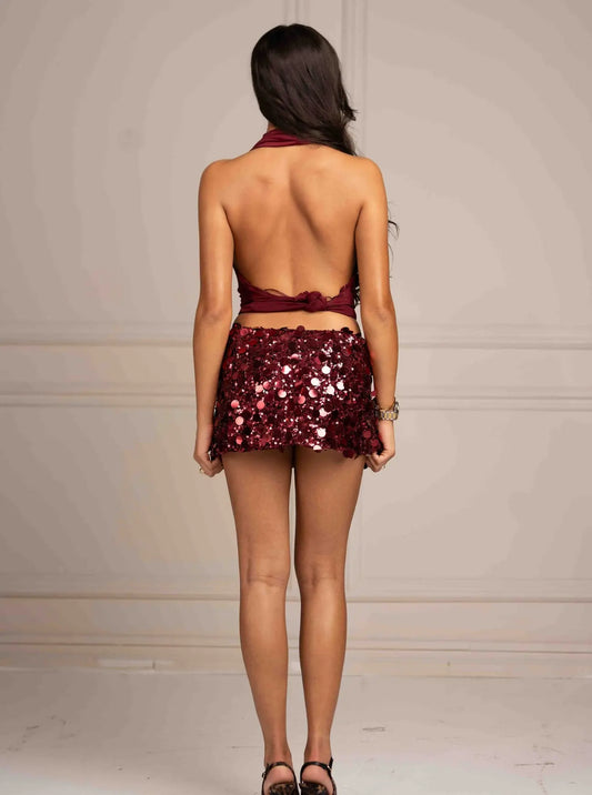 Kalea Disc Sequin Mini Skirt – Burgundy Shop Byxie