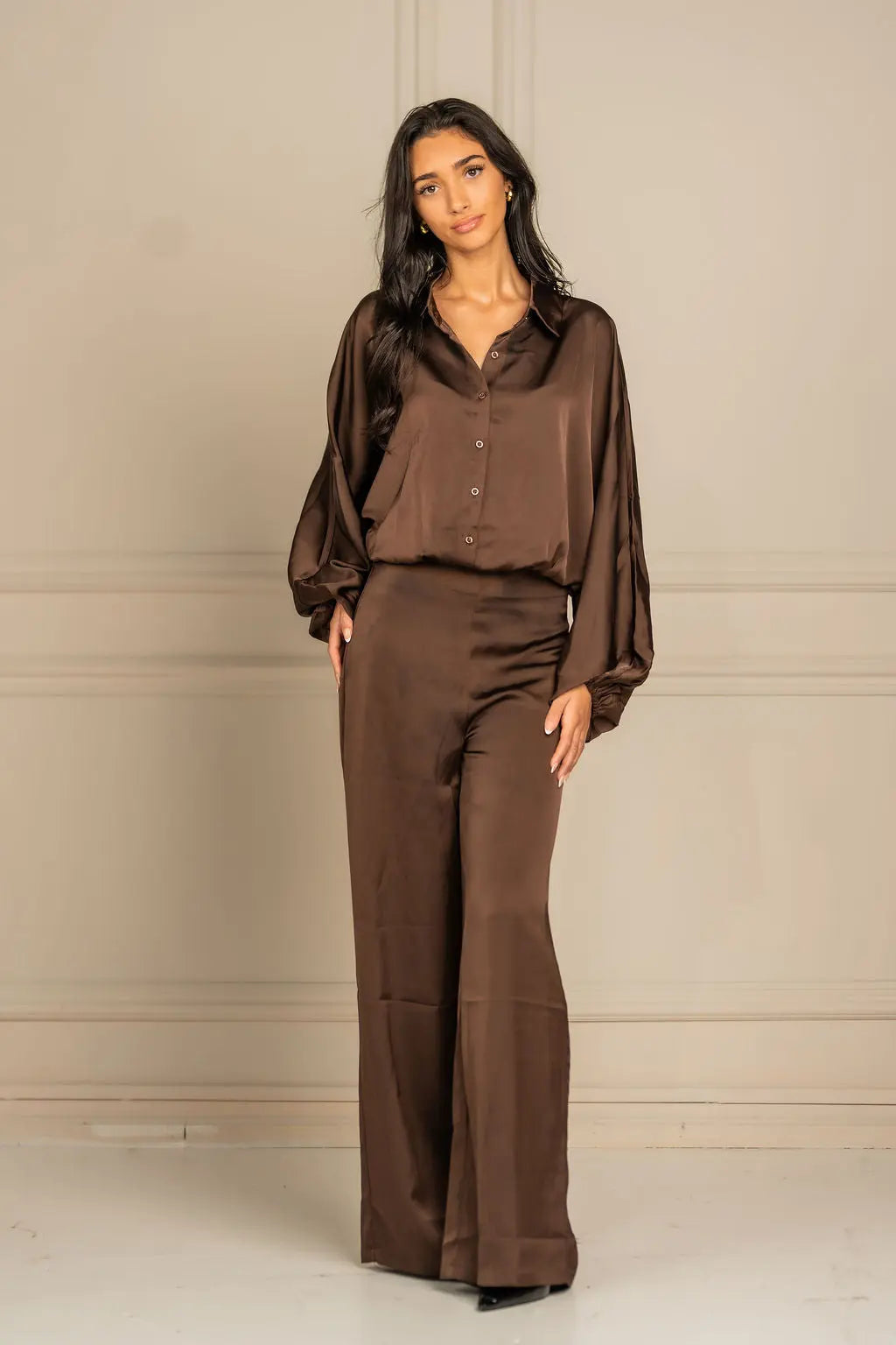 Zee Bubble Hem Satin Blouse - Brown Shop Byxie