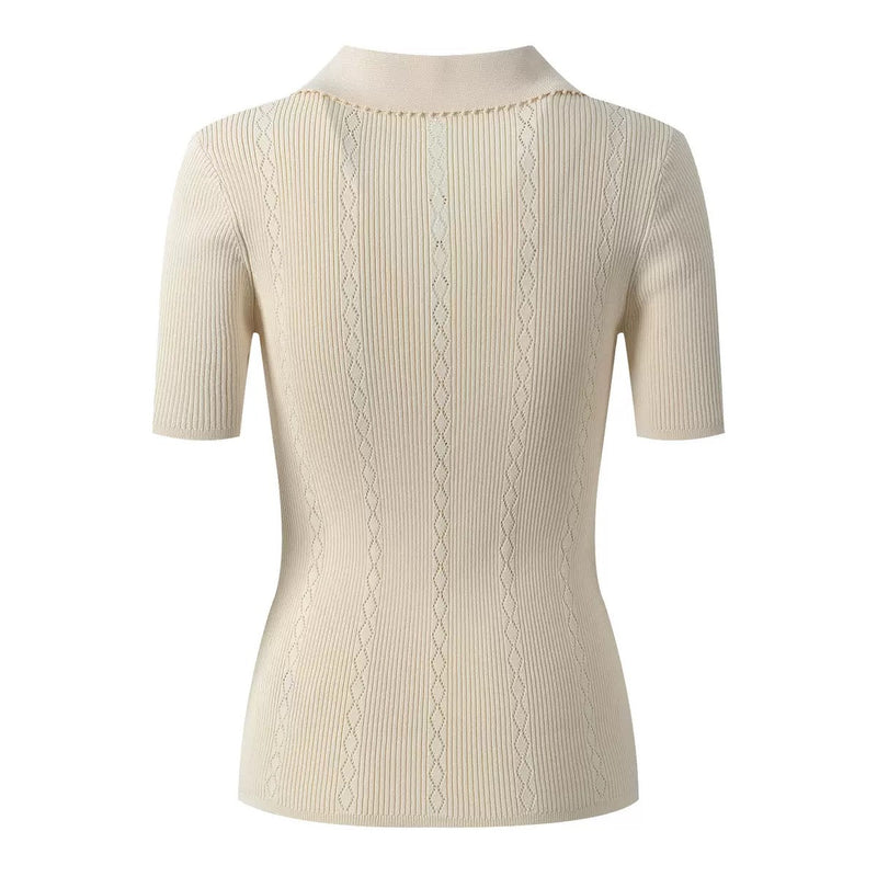 Sabrina Pointelle Knit Polo Top - Cream Shop Byxie