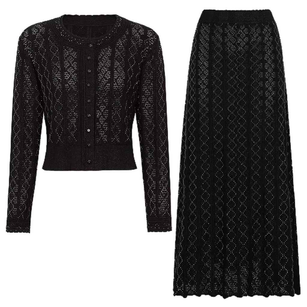 Sylvie Rhinestone Knit Cardigan & Skirt Set - Black Shop Byxie