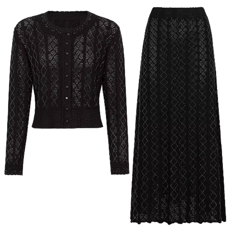 Sylvie Rhinestone Knit Cardigan & Skirt Set - Black Shop Byxie