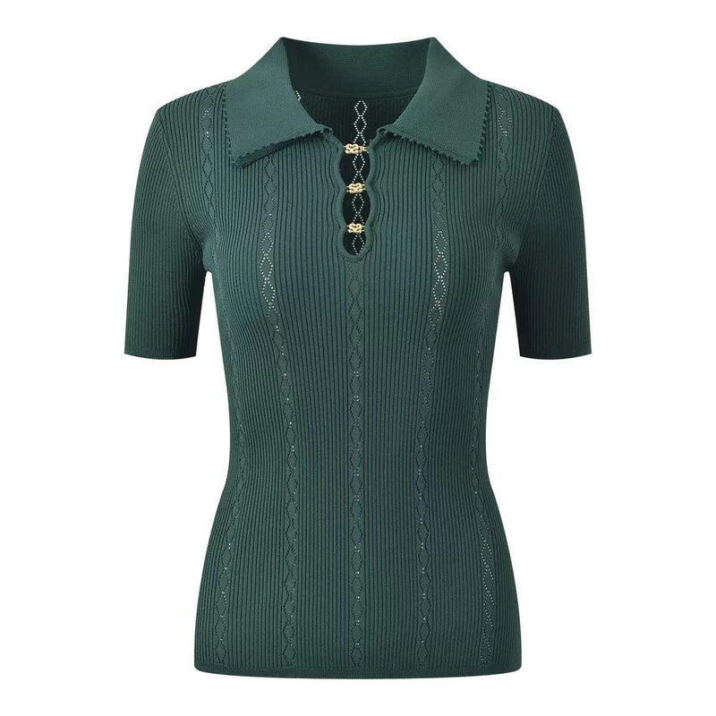 Sabrina Pointelle Knit Polo Top - Green Shop Byxie