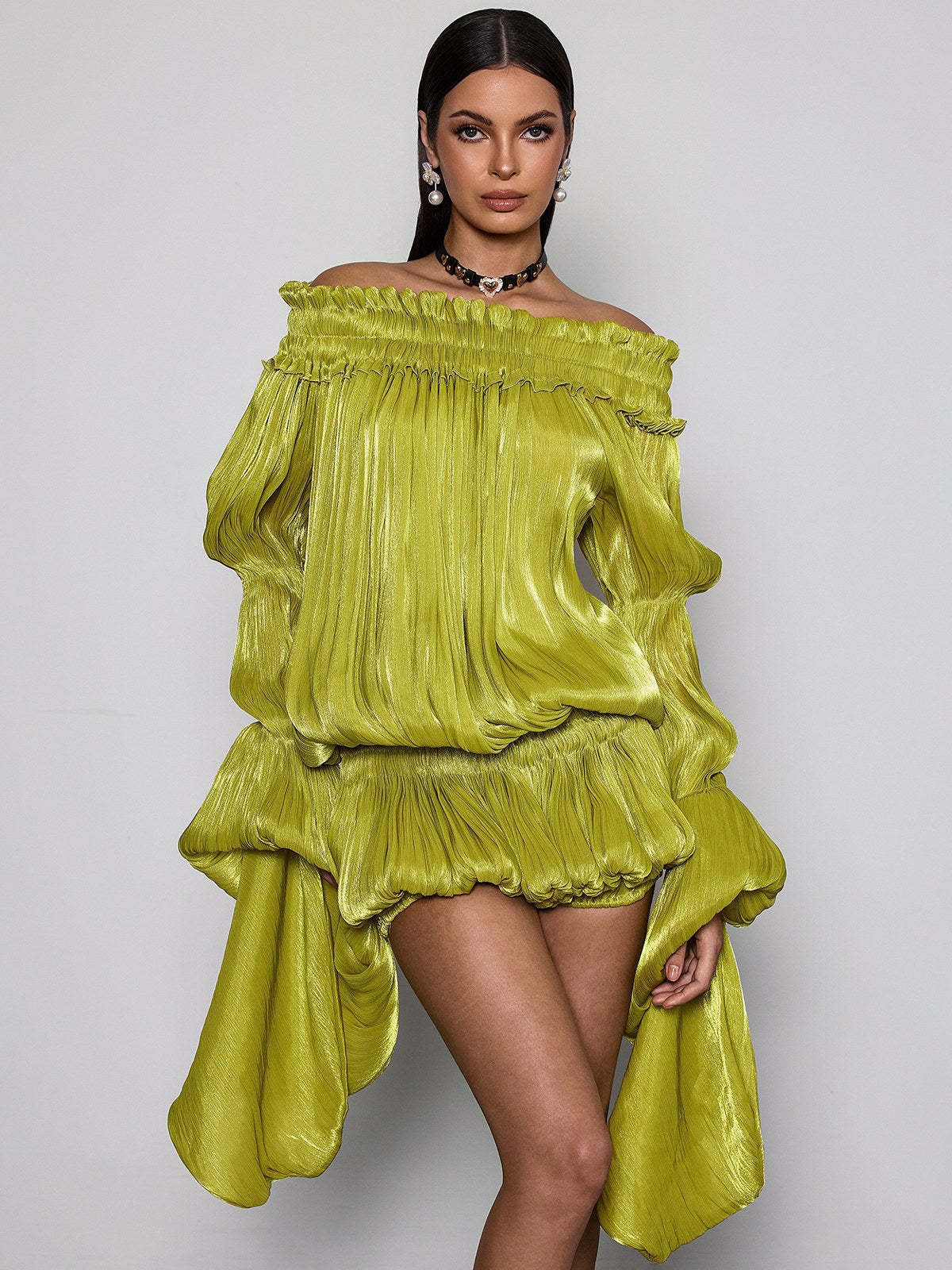 Noa Off-Shoulder Bubble Mini Dress - Green Shop Byxie