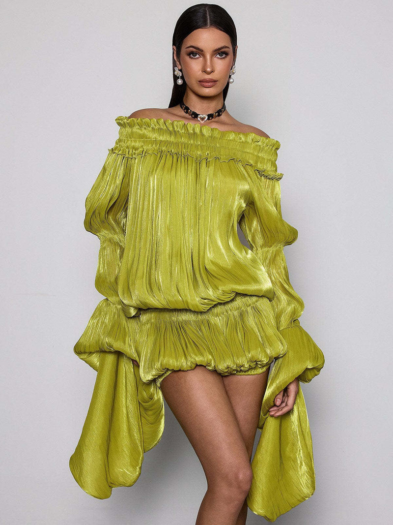 Noa Off-Shoulder Bubble Mini Dress - Green Shop Byxie