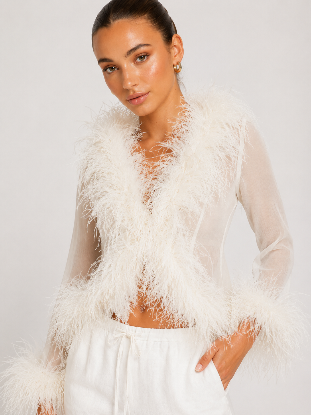 Rosalie Sheer Ostrich Feather Blouse - Pearl Ivory Shop Byxie