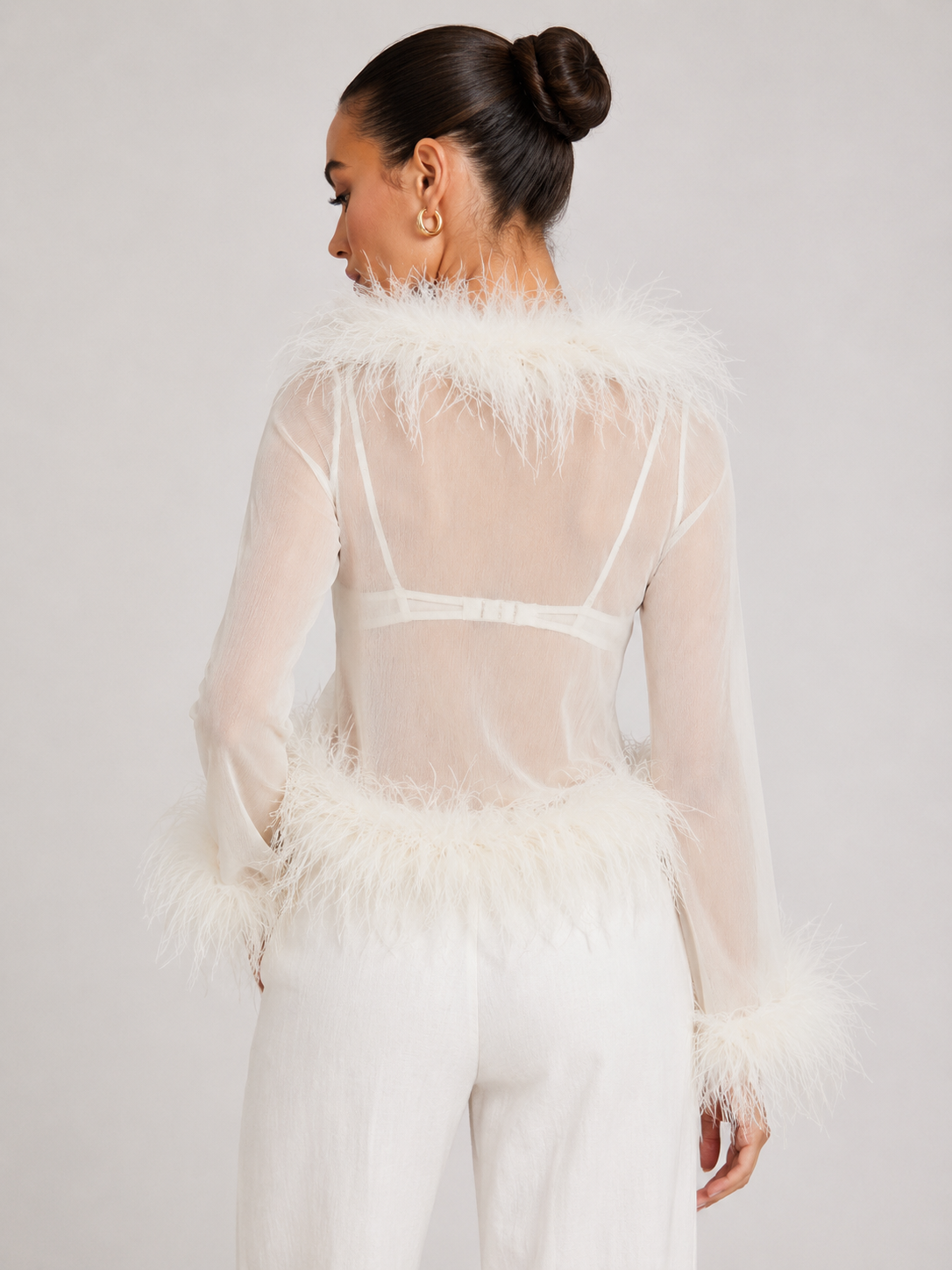 Rosalie Sheer Ostrich Feather Blouse - Pearl Ivory Shop Byxie