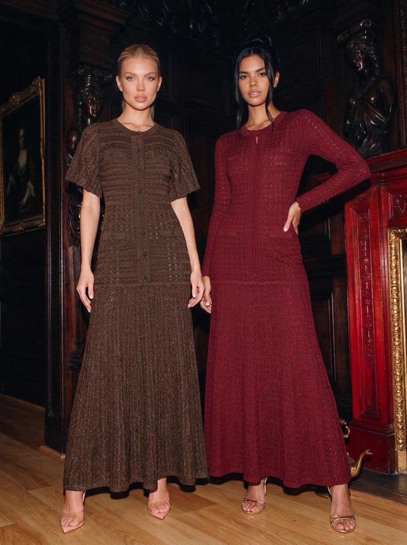 Serena Rhinestone Knit Dress - Brown Shop Byxie