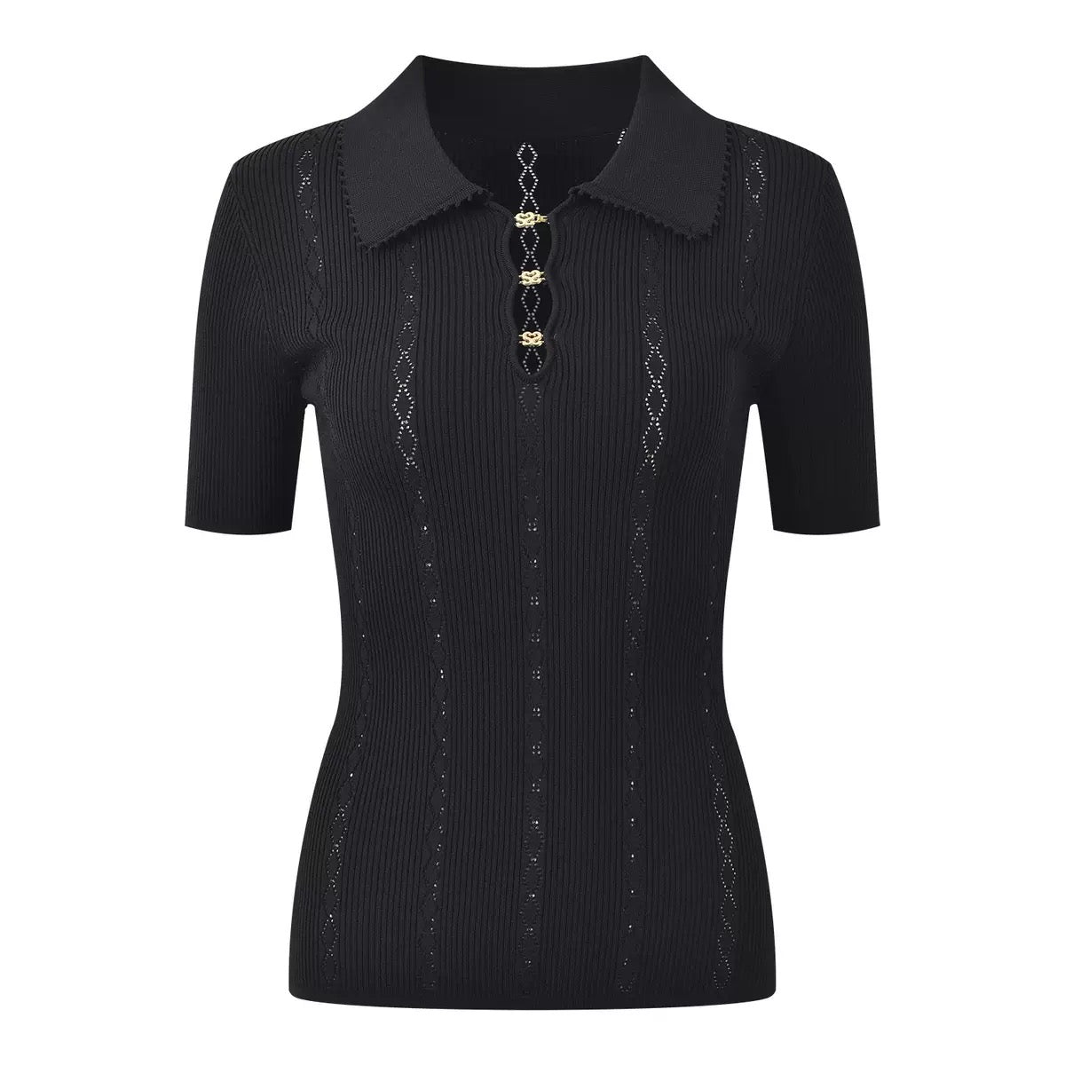 Sabrina Pointelle Knit Polo Top - Black Shop Byxie
