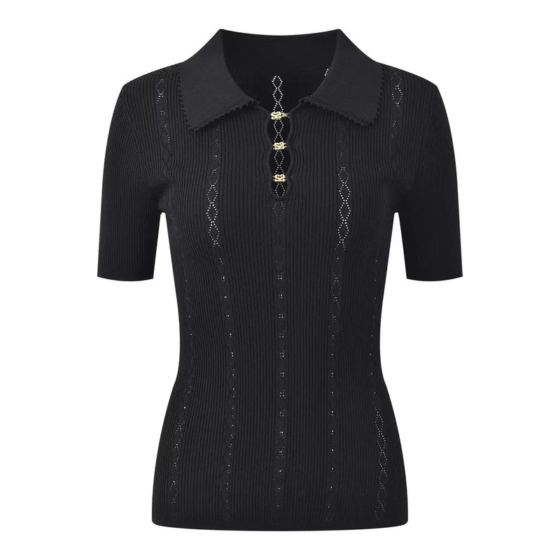 Sabrina Pointelle Knit Polo Top - Black Shop Byxie