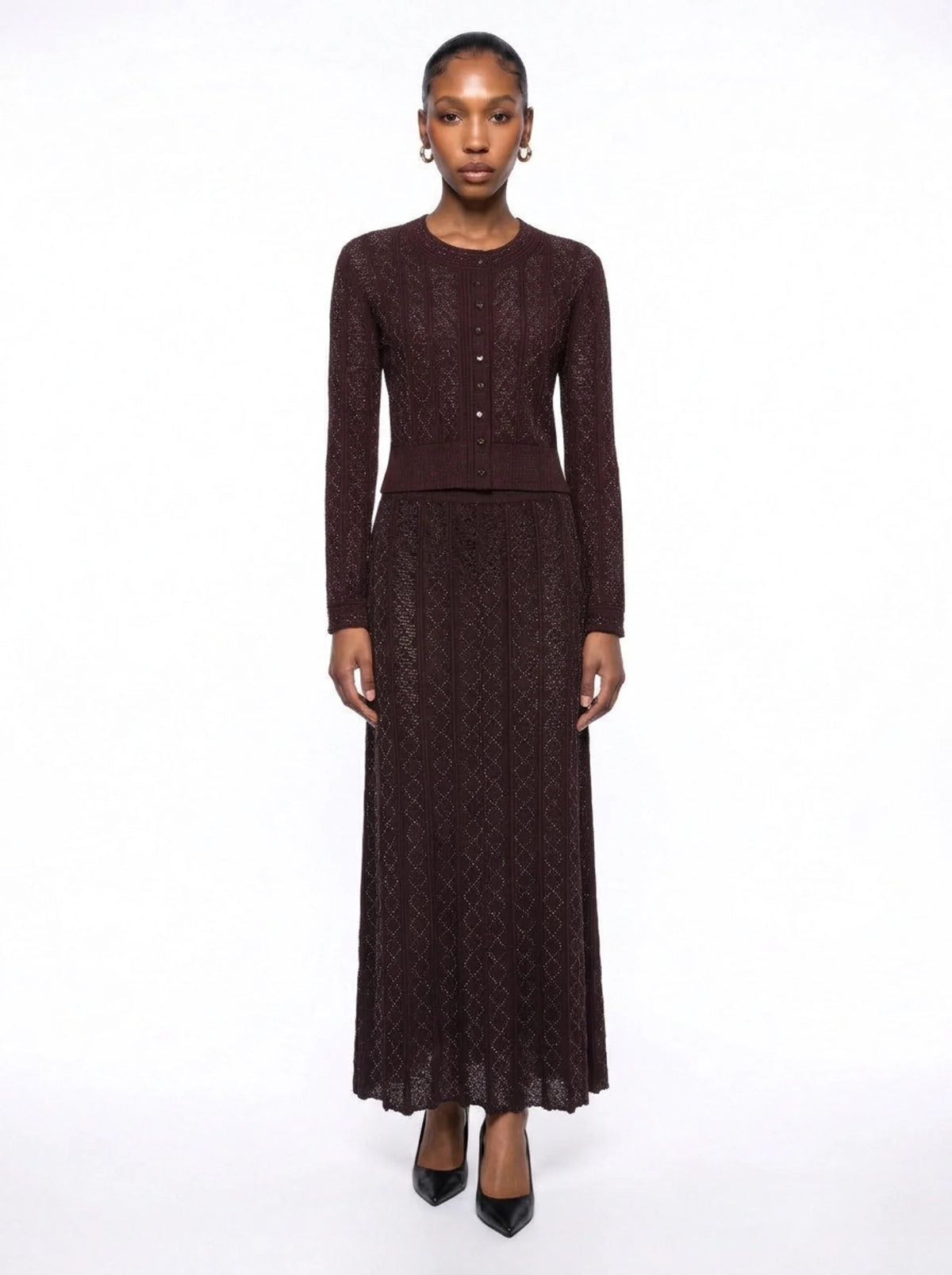 Sylvie Rhinestone Knit Cardigan & Skirt Set - Brown Shop Byxie