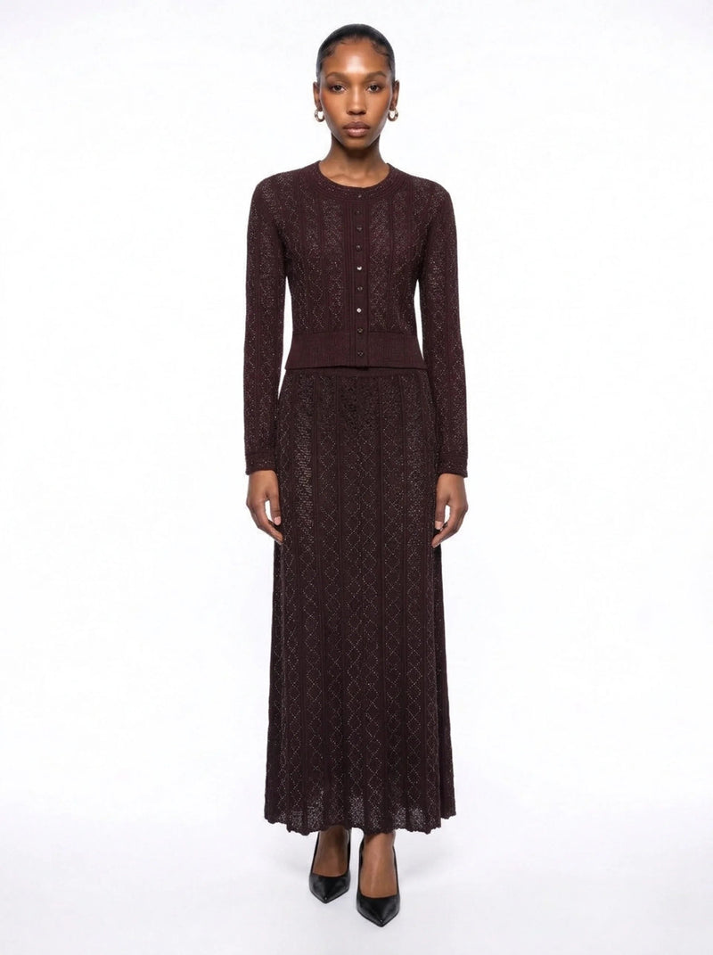 Sylvie Rhinestone Knit Cardigan & Skirt Set - Brown Shop Byxie