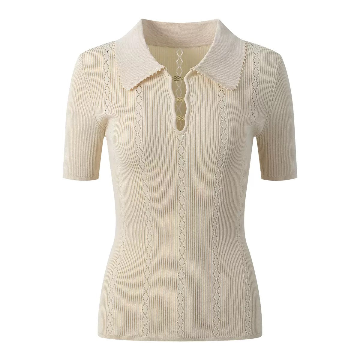 Sabrina Pointelle Knit Polo Top - Cream Shop Byxie
