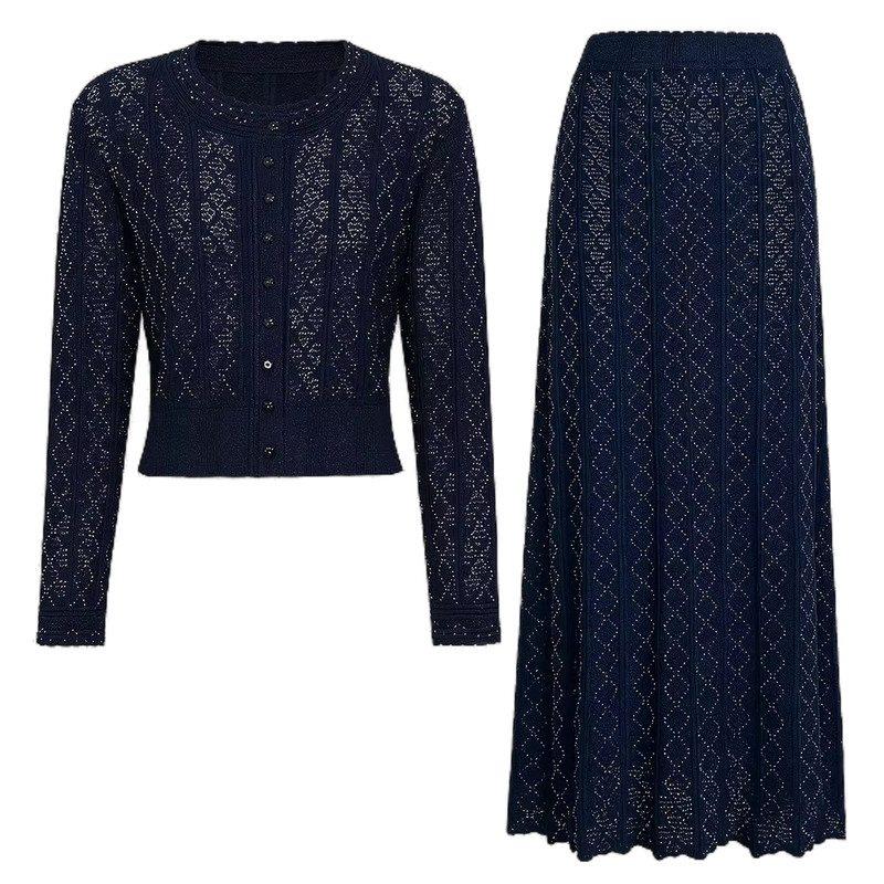 Sylvie Rhinestone Knit Cardigan & Skirt Set - Navy Shop Byxie