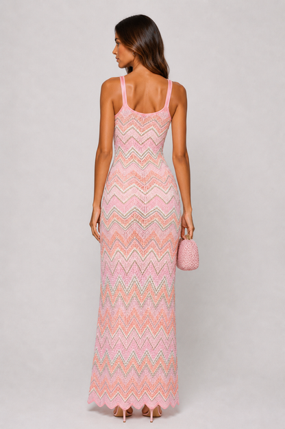 Byxie Zigzag Crochet Knit Maxi Dress -Pink Shop Byxie