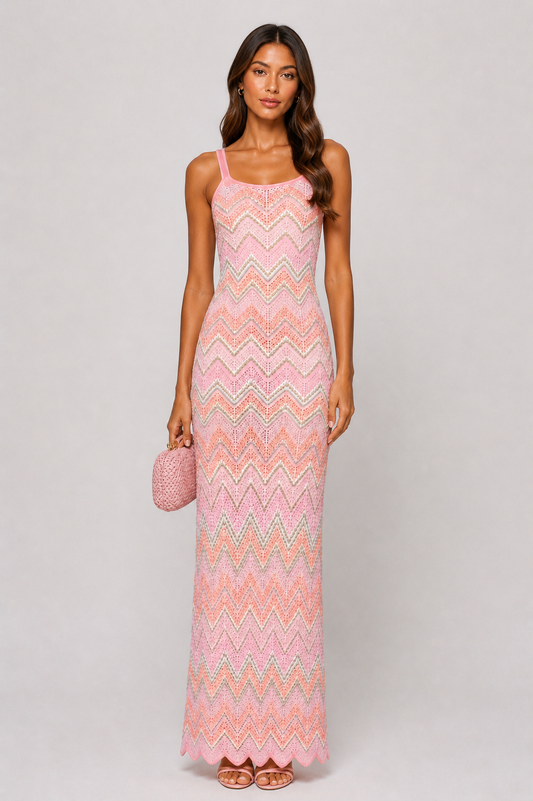 Byxie Zigzag Crochet Knit Maxi Dress -Pink Shop Byxie