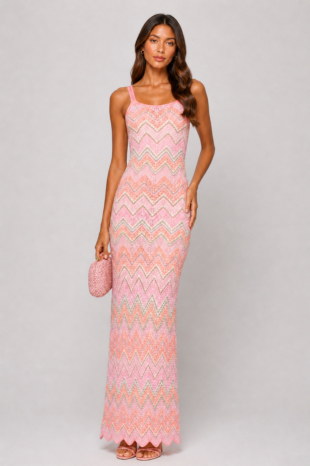 Byxie Zigzag Crochet Knit Maxi Dress -Pink Shop Byxie