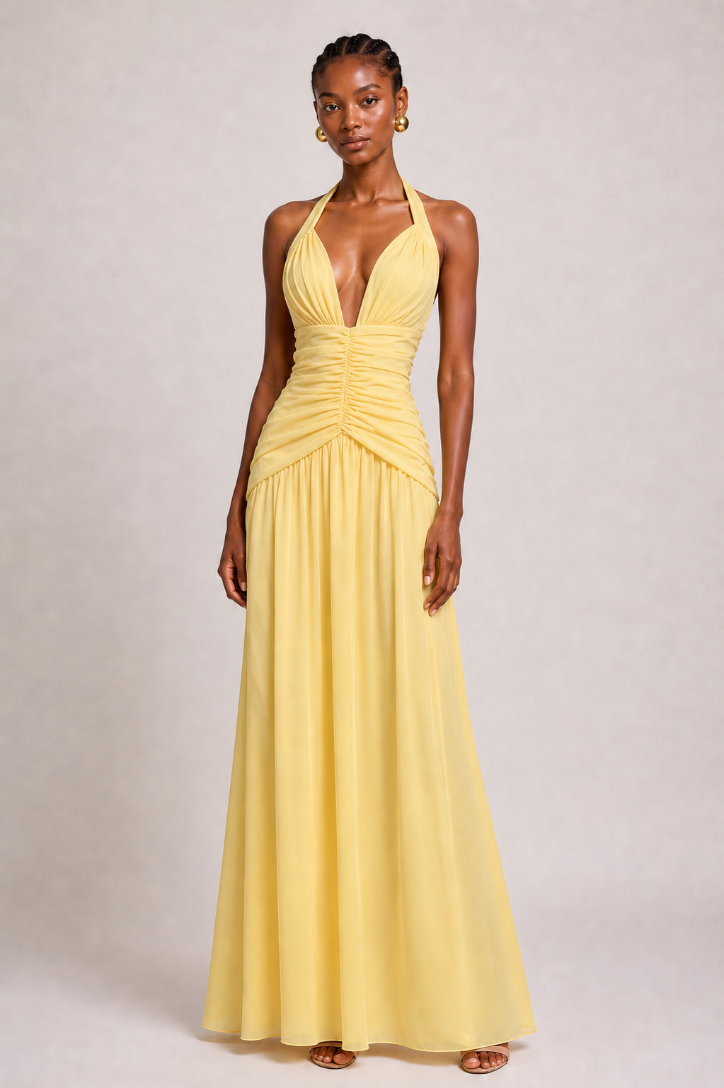 Byxie Soleil Ruched Halter Maxi Dress - Lemon Shop Byxie