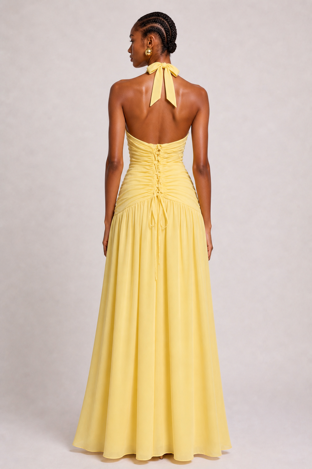 Byxie Soleil Ruched Halter Maxi Dress - Lemon Shop Byxie