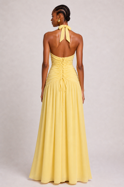 Byxie Soleil Ruched Halter Maxi Dress - Lemon Shop Byxie