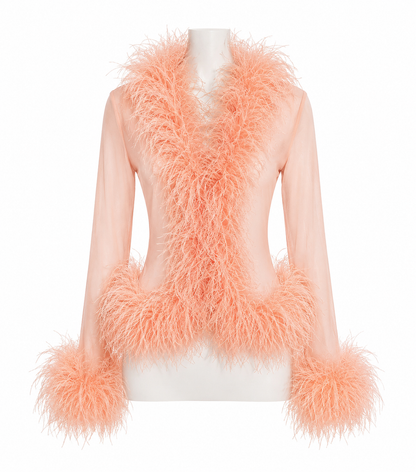 Rosalie Sheer Ostrich Feather Blouse - Blush rose Shop Byxie