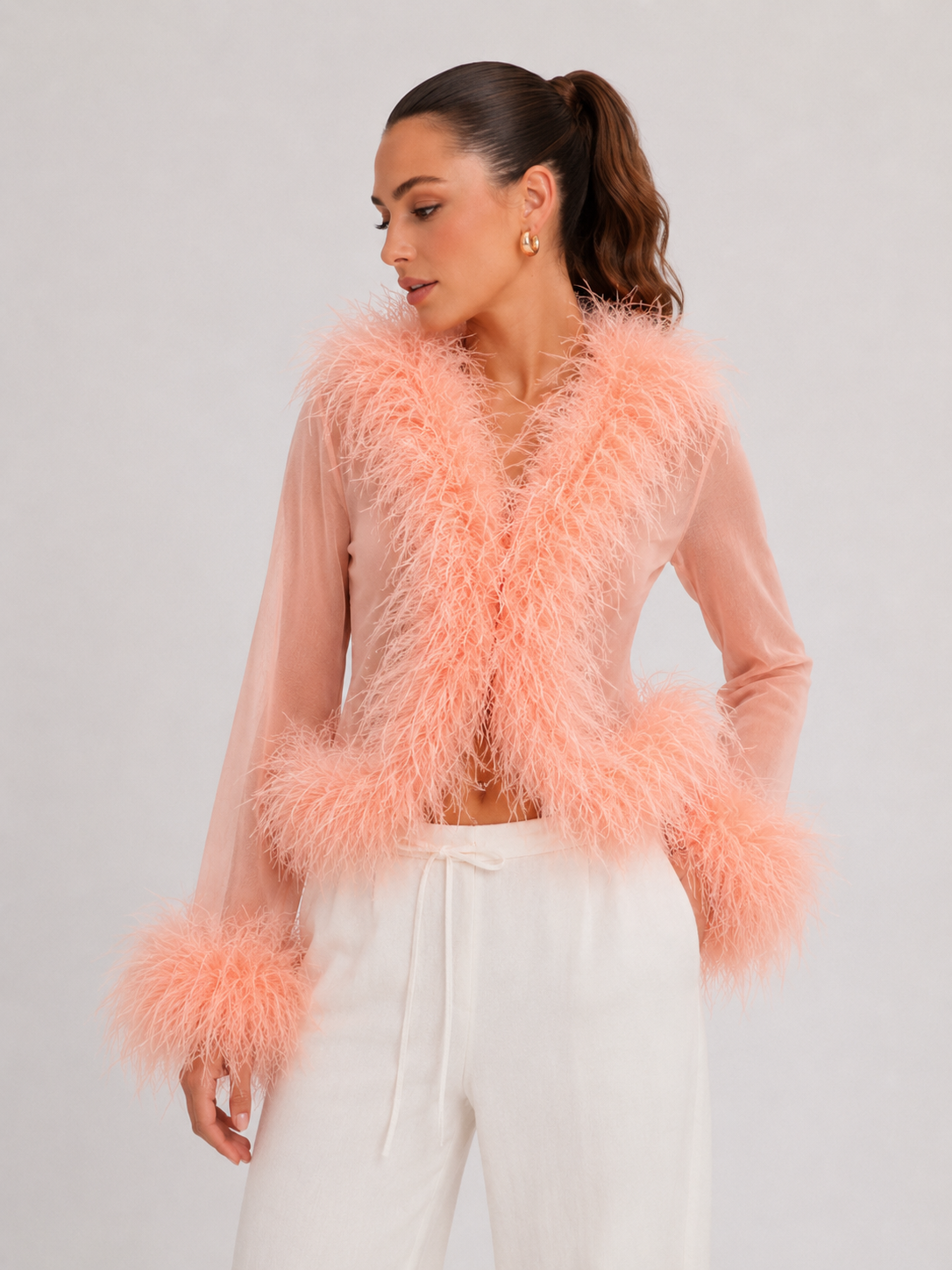 Rosalie Sheer Ostrich Feather Blouse - Blush rose Shop Byxie