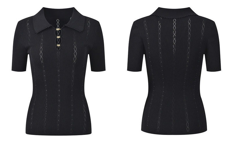 Sabrina Pointelle Knit Polo Top - Black Shop Byxie
