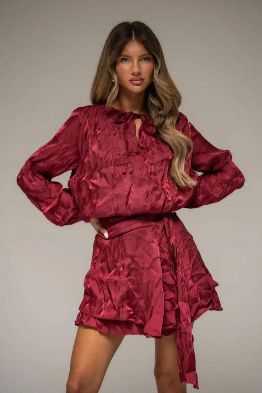 Mini Maya High Shine Belted Mini – Burgundy Shop Byxie