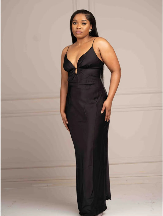 Sandra Satin Plunge Neck Maxi Dress – Black Shop Byxie