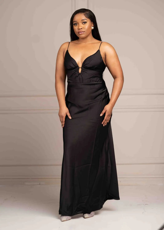 Sandra Satin Plunge Neck Maxi Dress – Black Shop Byxie
