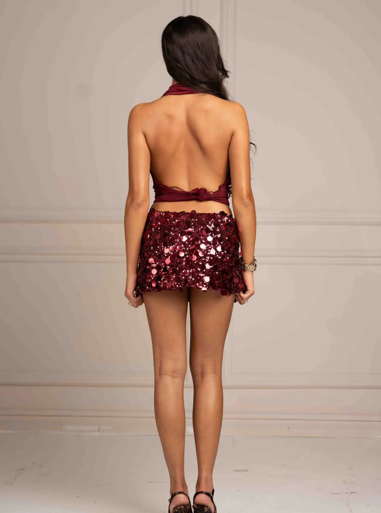 Kalea Disc Sequin Mini Skirt – Burgundy Shop Byxie