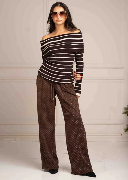 Vienna Off Shoulder Stripe Jumper – Brown Shop Byxie