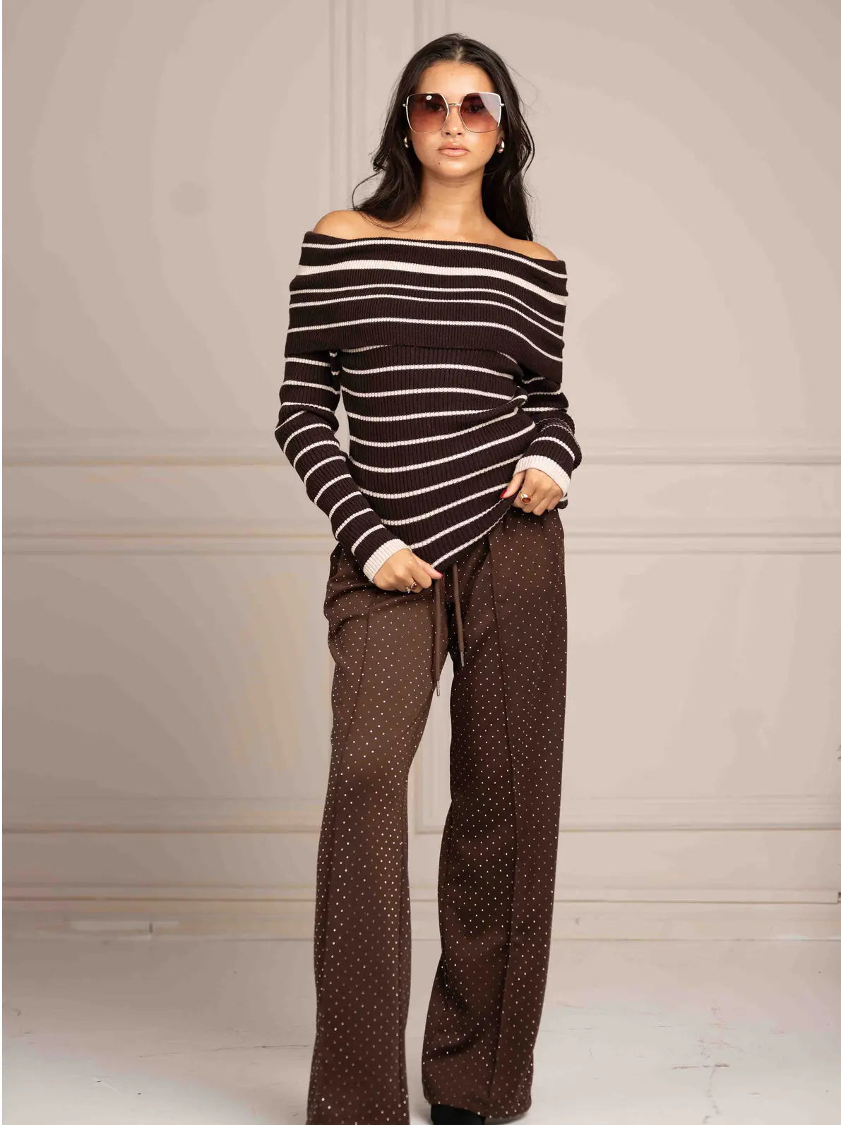 Vienna Off Shoulder Stripe Jumper – Brown Shop Byxie