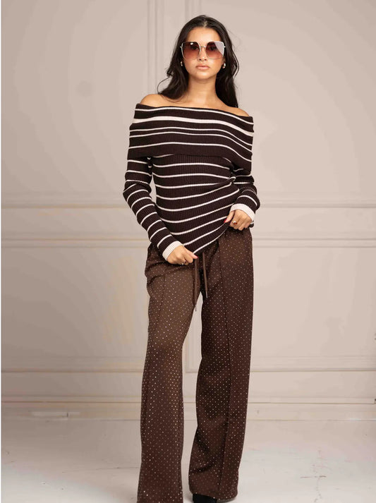 Vienna Off Shoulder Stripe Jumper – Brown Shop Byxie