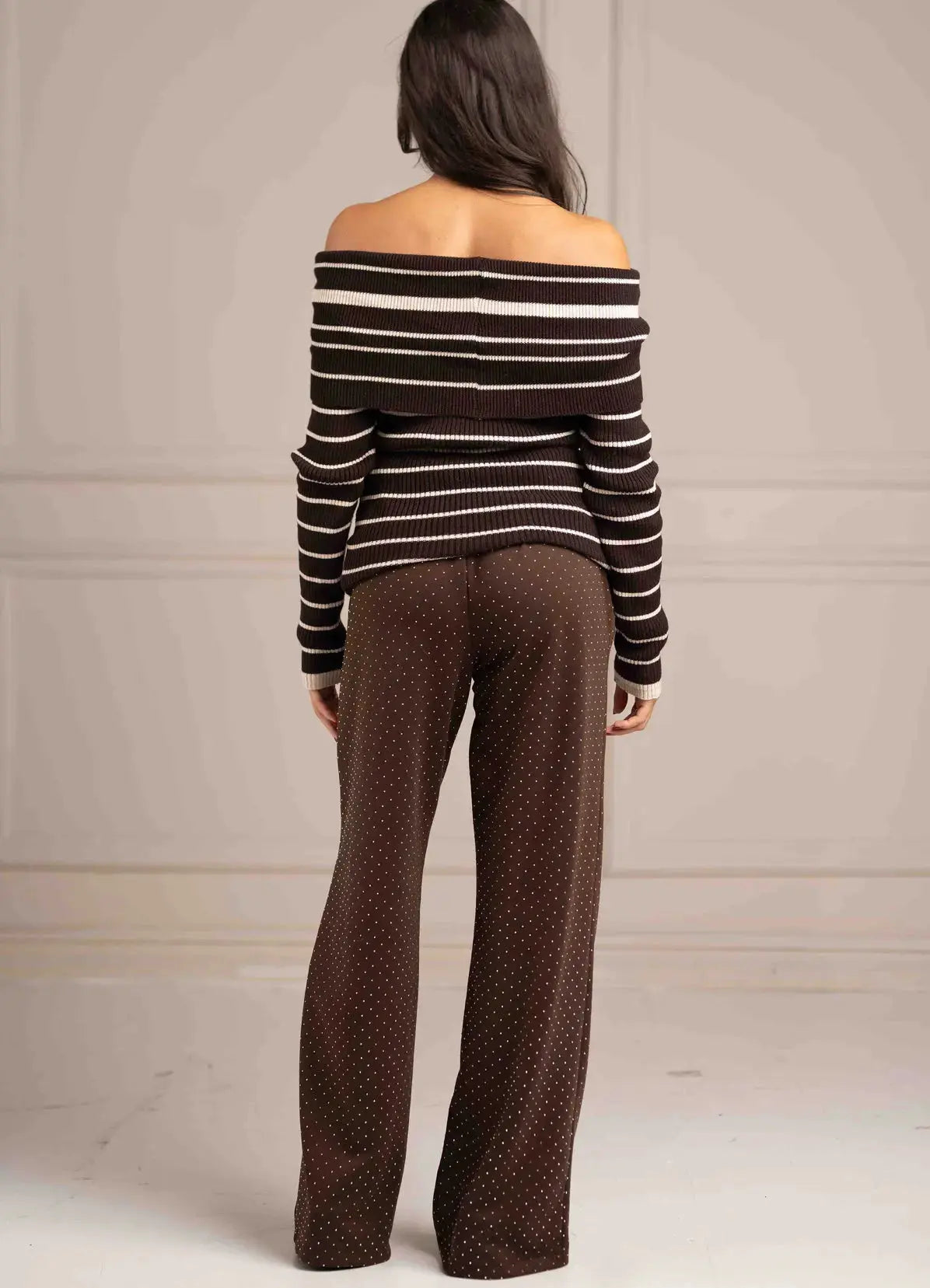 Vienna Off Shoulder Stripe Jumper – Brown Shop Byxie