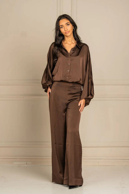 Zee Bubble Hem Satin Blouse - Brown Shop Byxie