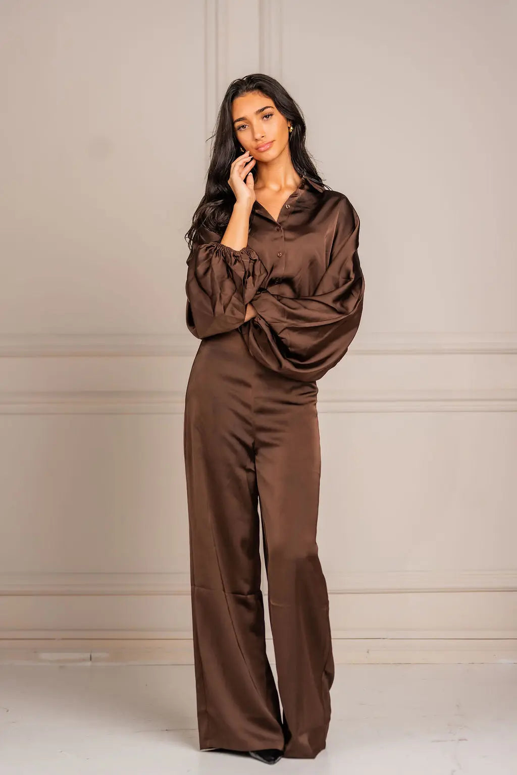 Zee Bubble Hem Satin Blouse - Brown Shop Byxie