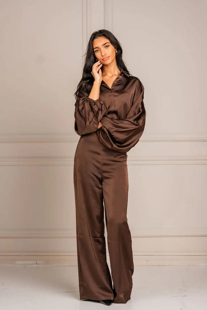 Zee Bubble Hem Satin Blouse - Brown Shop Byxie