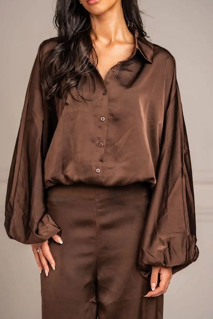 Zee Bubble Hem Satin Blouse - Brown Shop Byxie