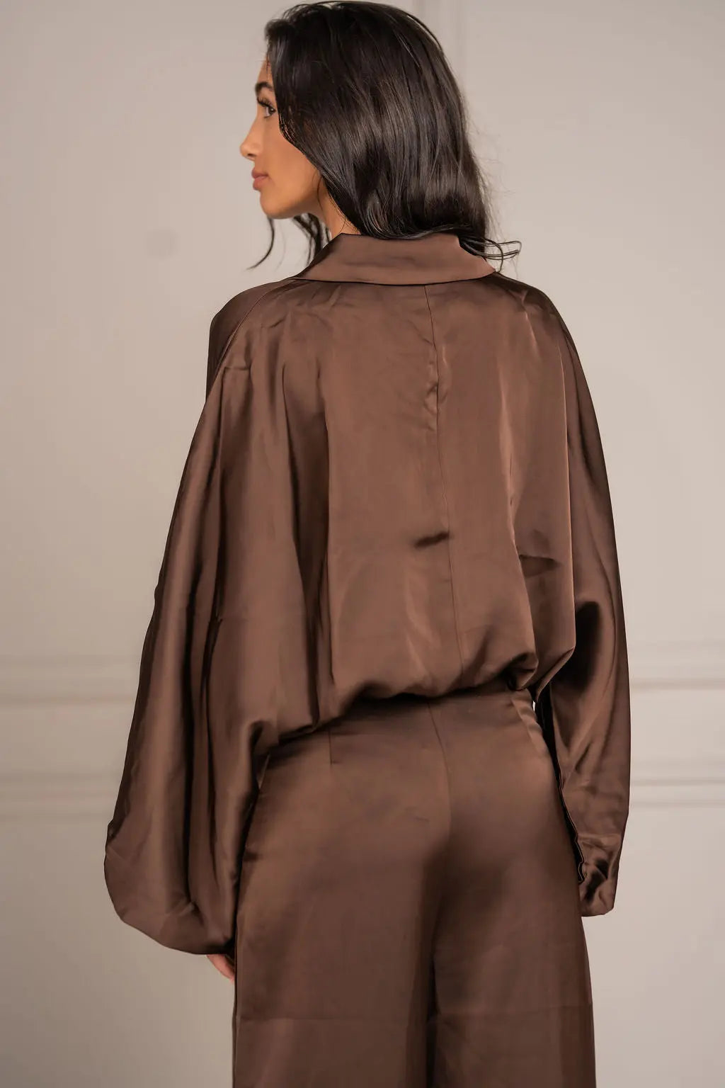 Zee Bubble Hem Satin Blouse - Brown Shop Byxie