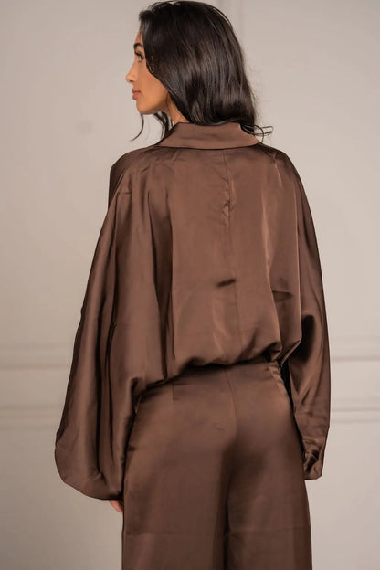 Zee Bubble Hem Satin Blouse - Brown Shop Byxie