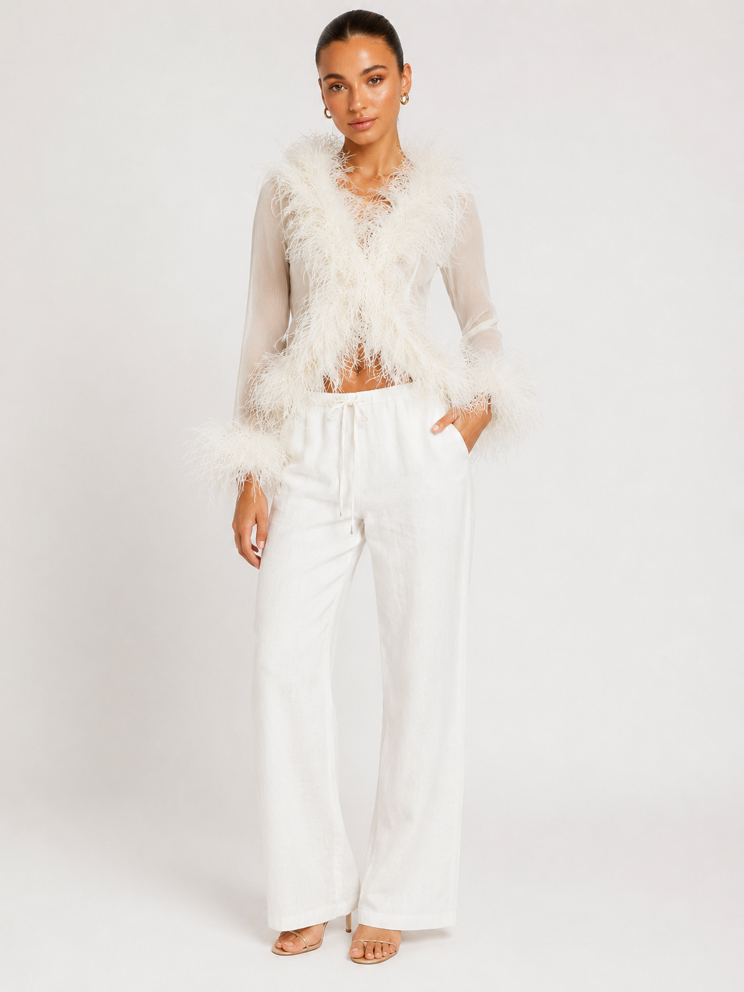 Rosalie Sheer Ostrich Feather Blouse - Pearl Ivory Shop Byxie